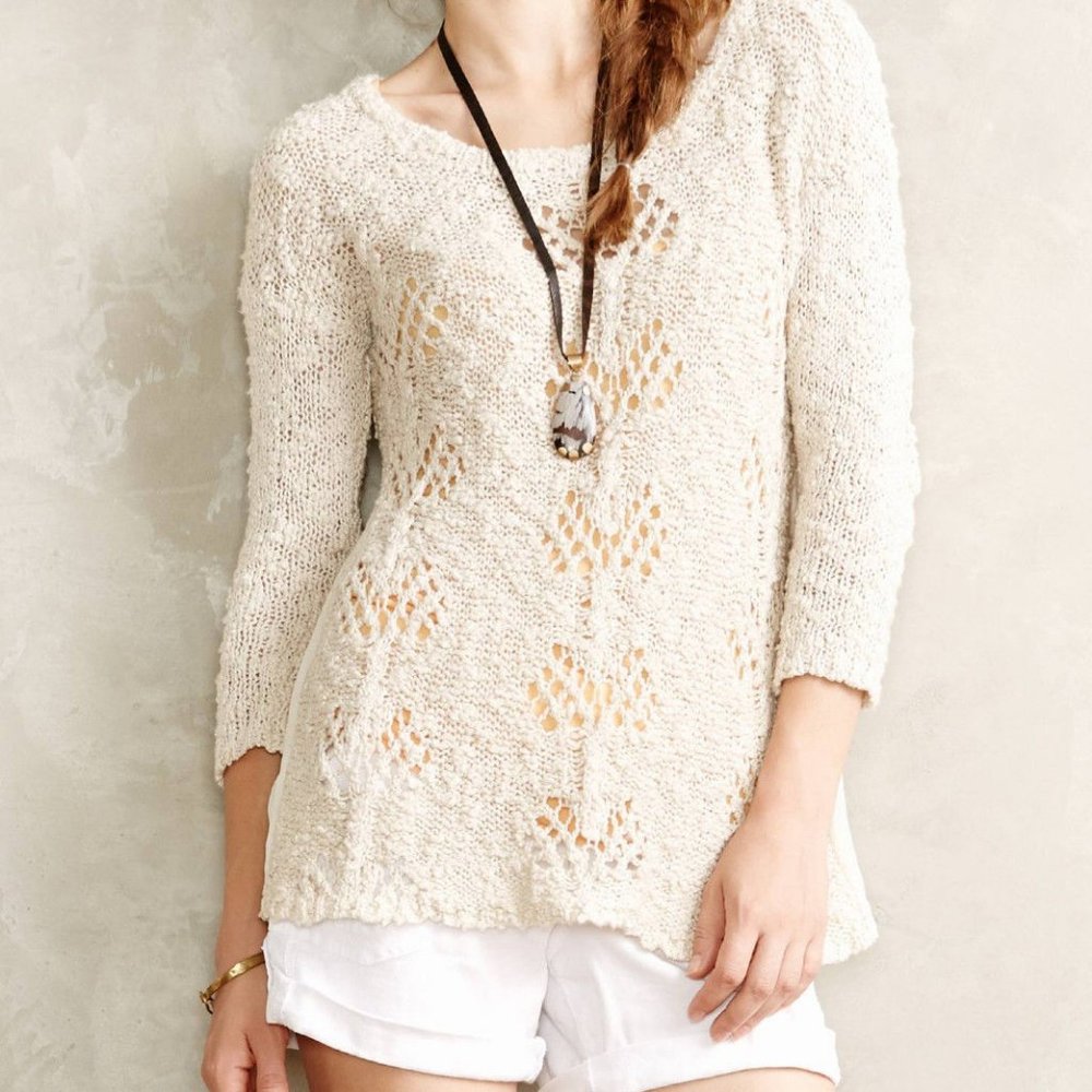 Anthropologie Pointelle Pullover Ivory Tunic Top By Knitted & Knotted Size M